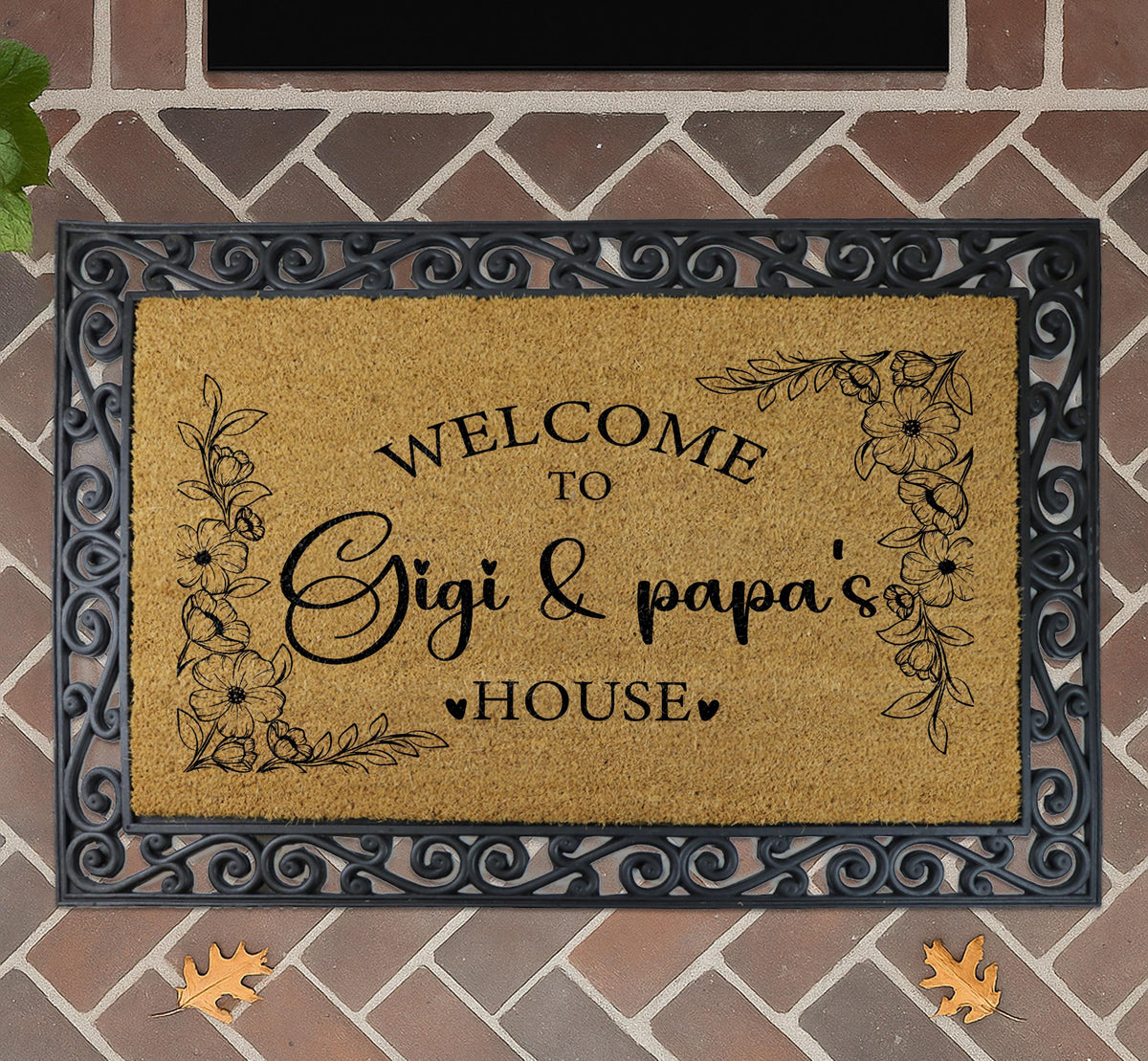 Custom Personalized Floral Coir Door Mat, Welcome Gigi and Papa's House Rug
