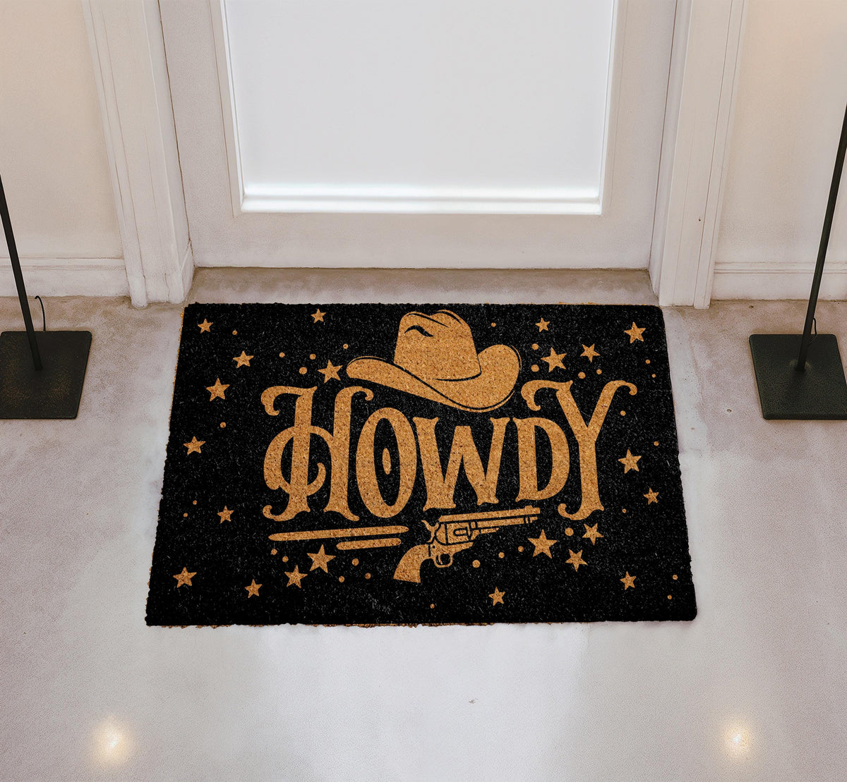 Howdy Doormat, Western Welcome Mat, Cowboy Hat and Revolver Home Entrance Mat