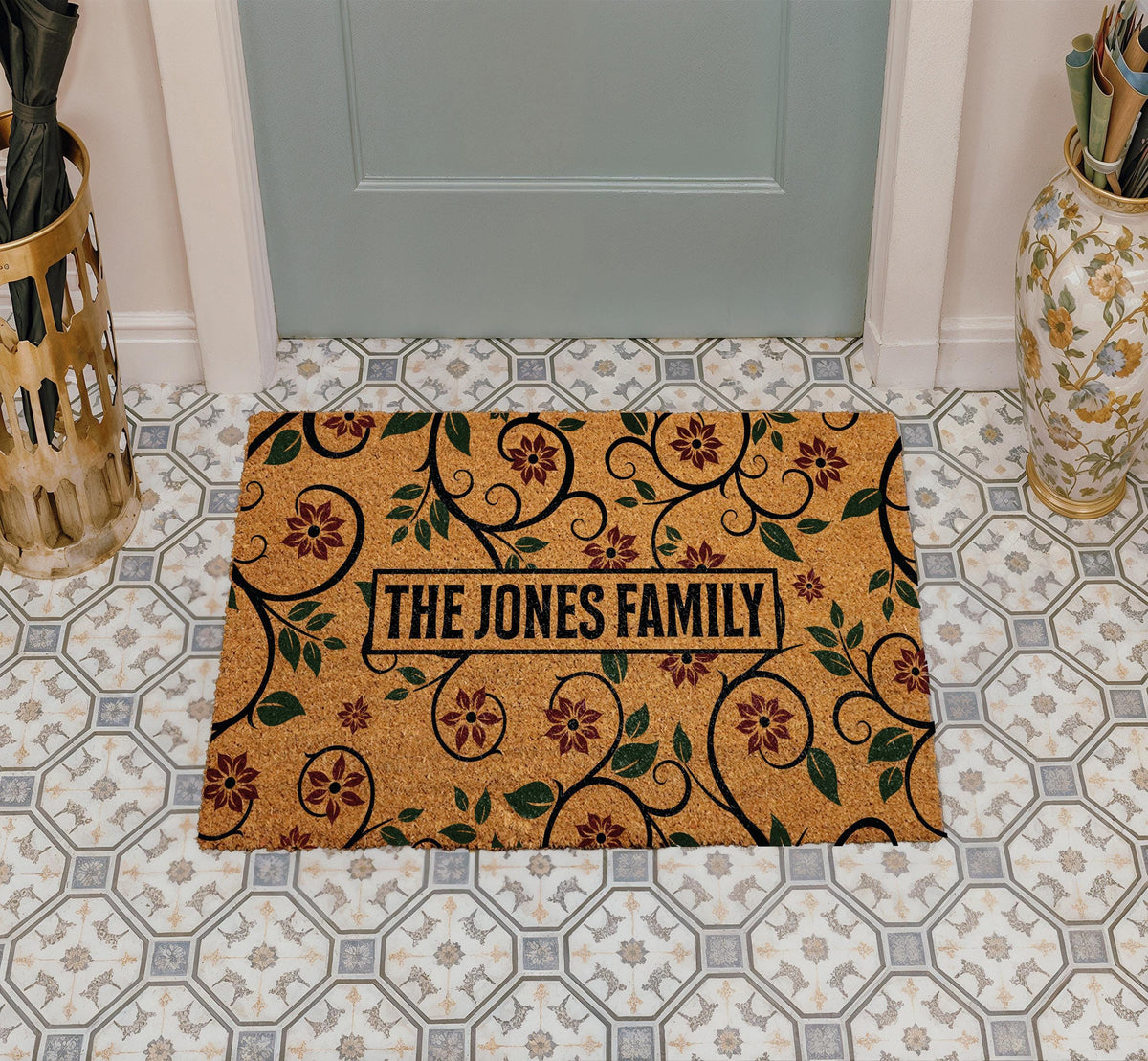 Personalized Floral Family Name Doormat, Custom Vine Pattern Welcome Mat, Cute Wedding Gift