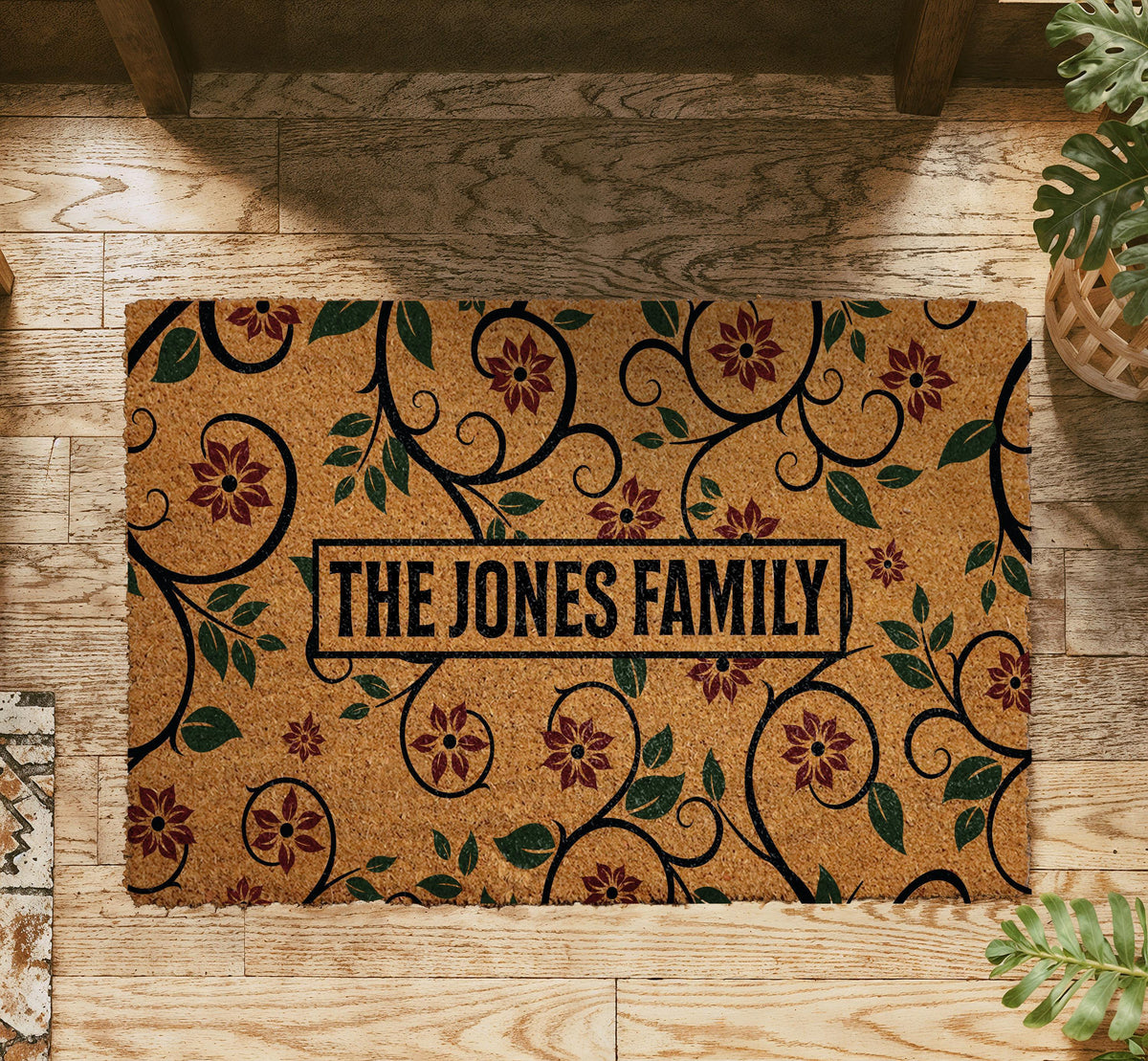 Personalized Floral Family Name Doormat, Custom Vine Pattern Welcome Mat, Cute Wedding Gift