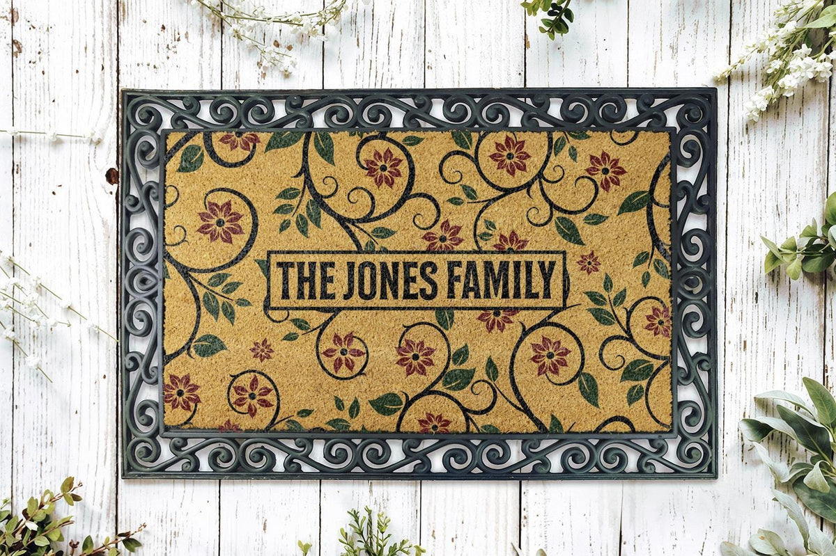 Personalized Floral Family Name Doormat, Custom Vine Pattern Welcome Mat, Cute Wedding Gift
