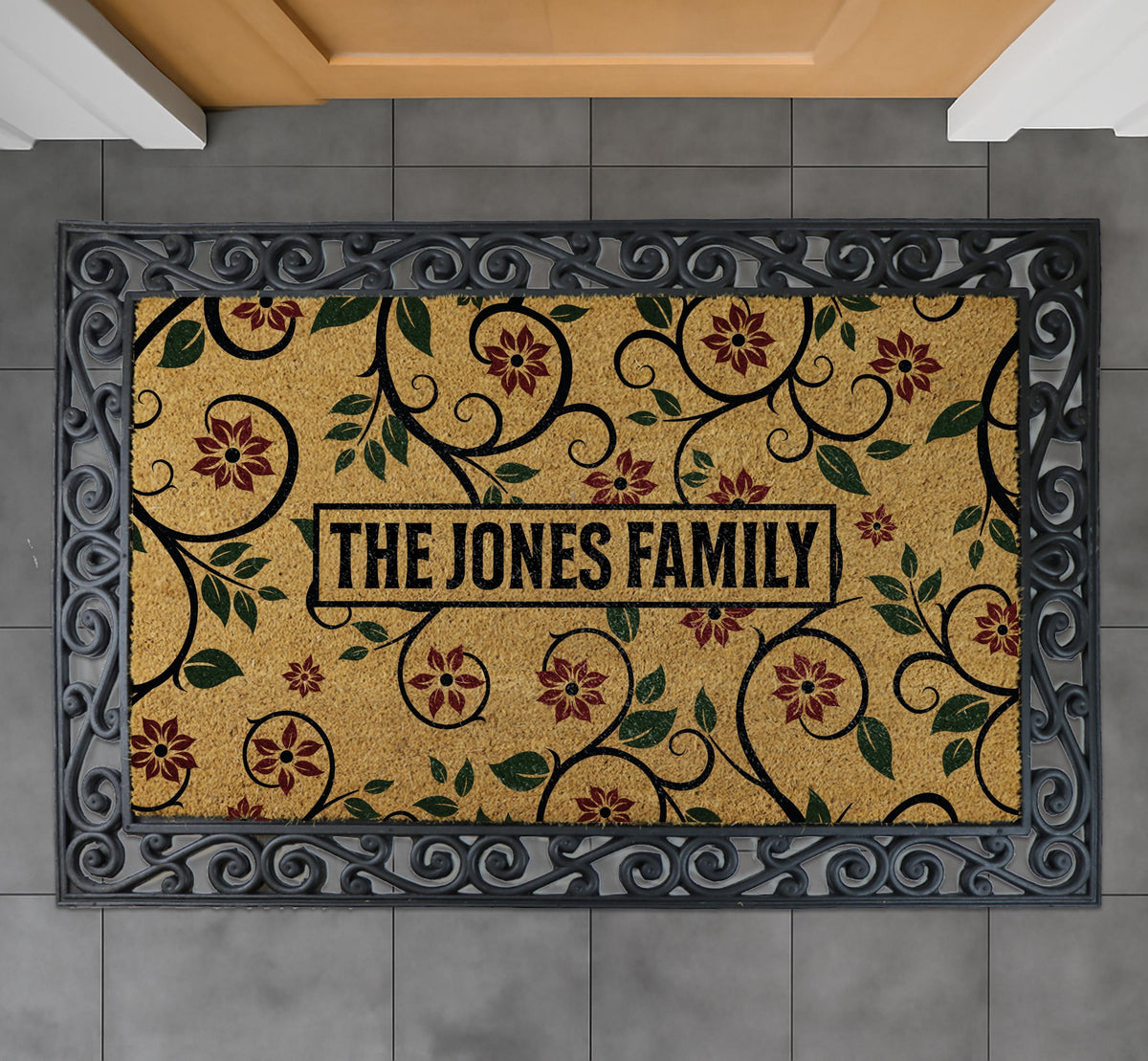 Personalized Floral Family Name Doormat, Custom Vine Pattern Welcome Mat, Cute Wedding Gift