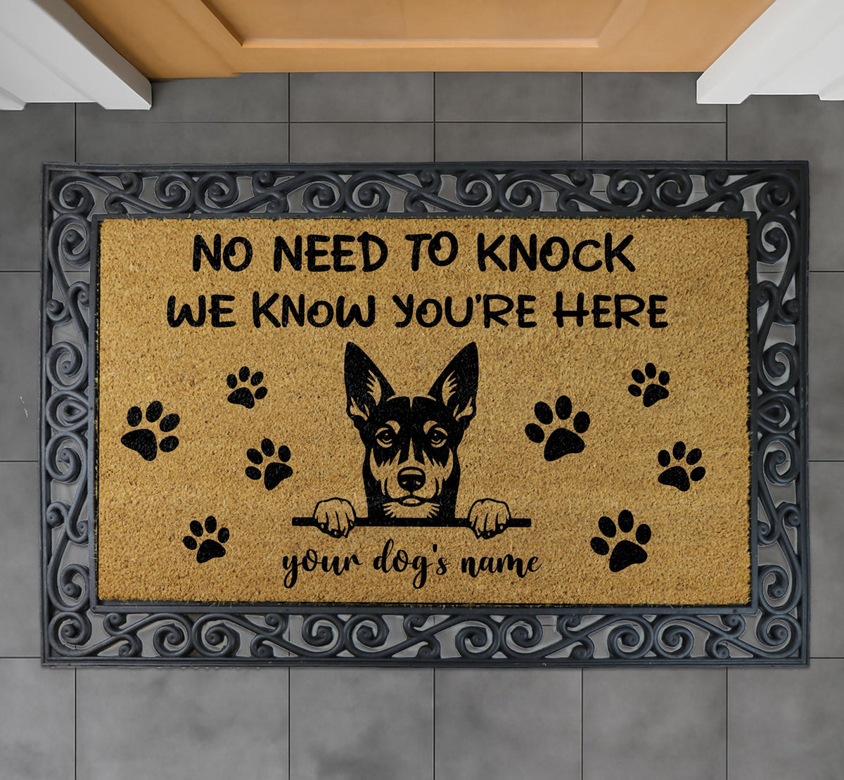 No Need To Knock We Know You're Here Doormat, Custom Dog Name & Dogs Breed Welcome Mat