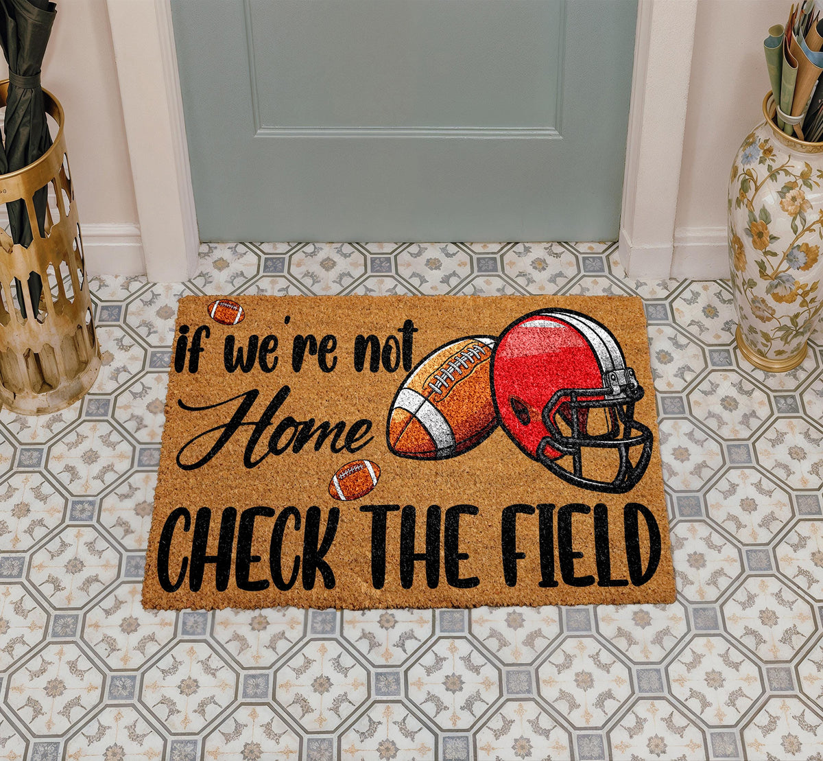 If We're Not Home Check The Field Doormat, Football Welcome Mat, Sports Fan Door mat