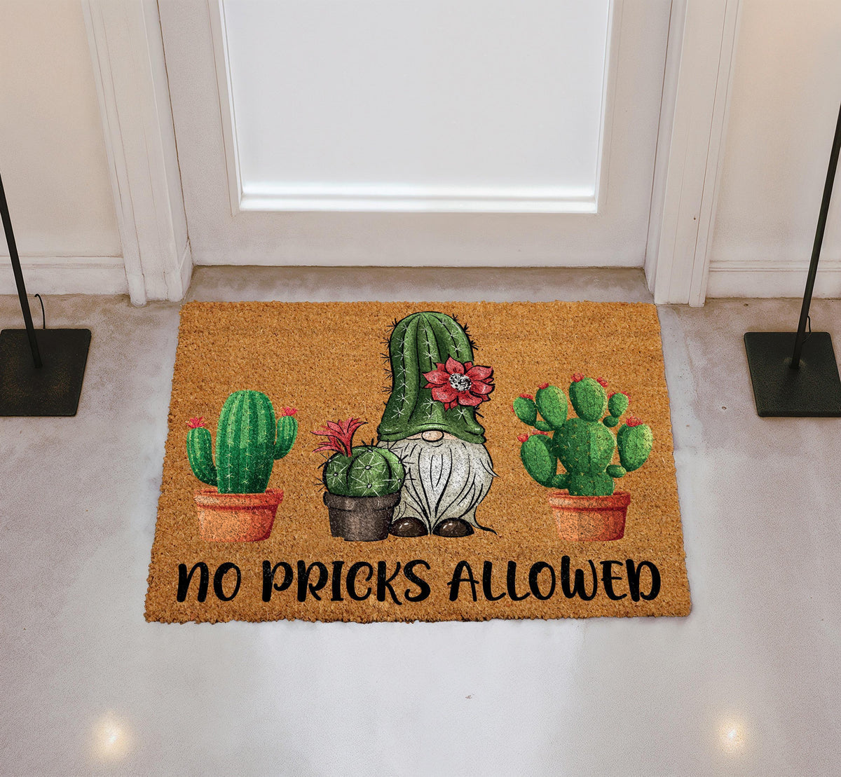 Funny Gnome Cactus Welcome Mat, No Pricks Allowed Doormat, Sassy Housewarming Gift