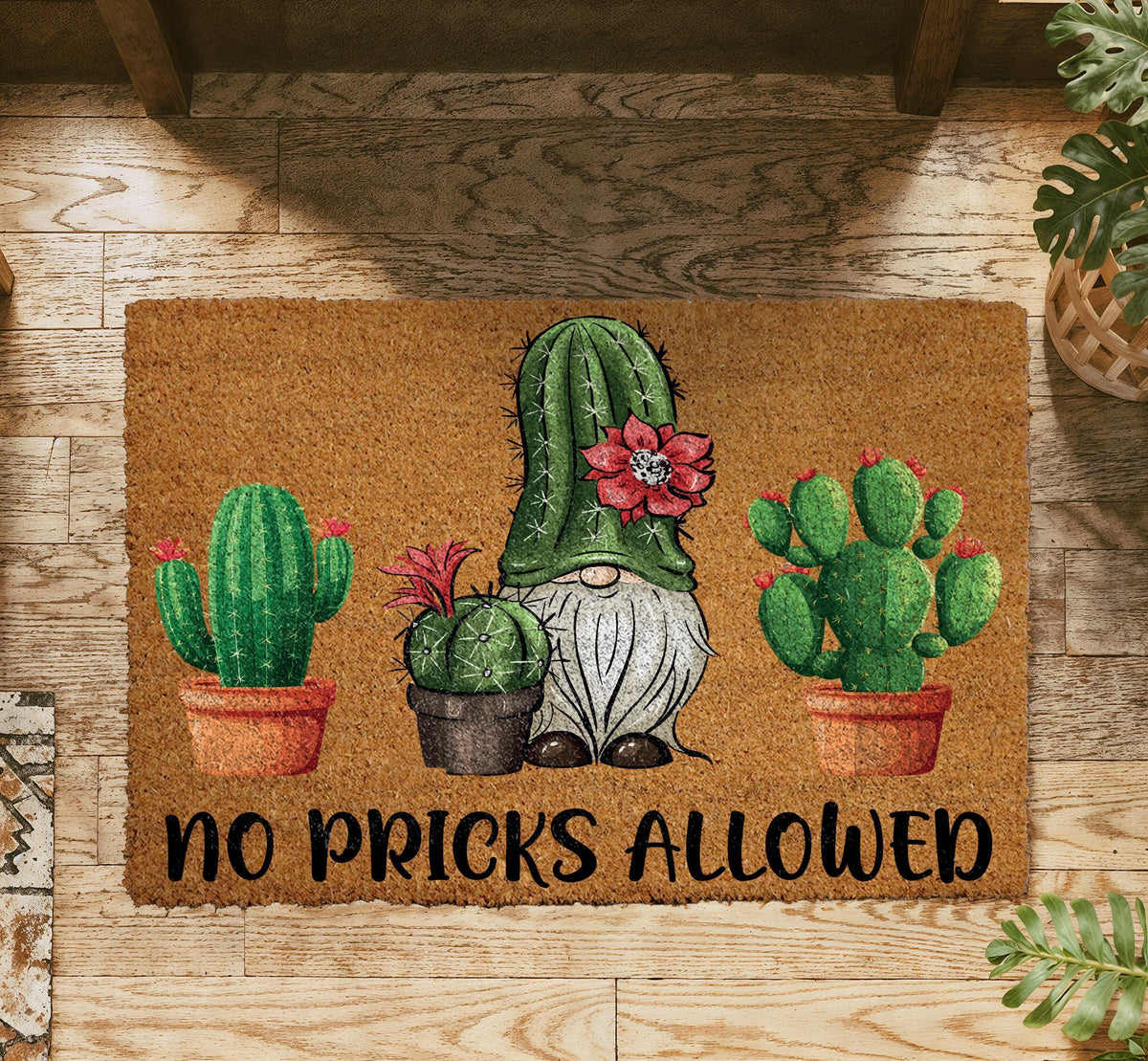 Funny Gnome Cactus Welcome Mat, No Pricks Allowed Doormat, Sassy Housewarming Gift