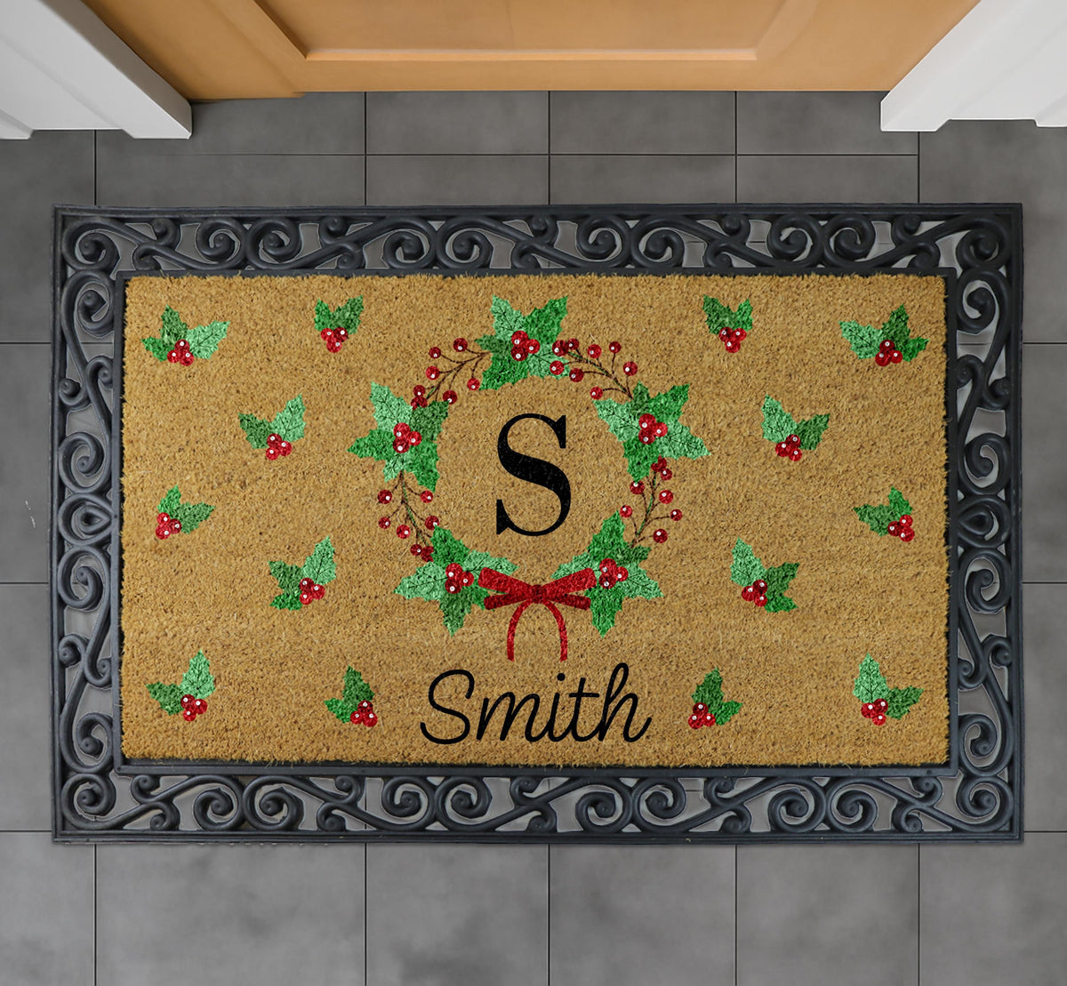 Personalized Christmas Doormat, Custom Initial & Family Name Welcome Mat