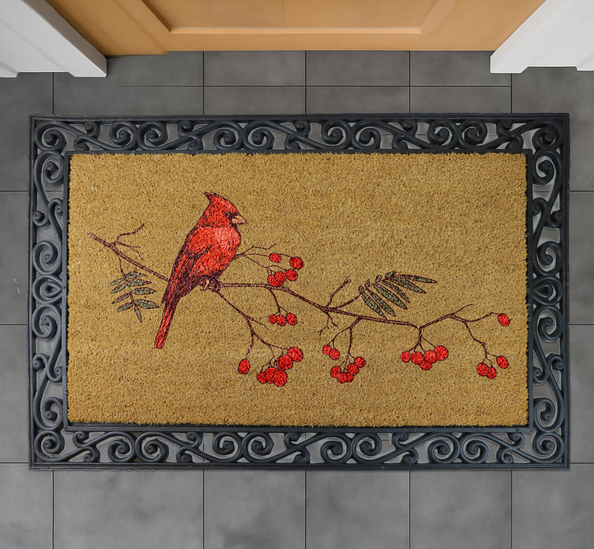 Red Bird & Berries Christmas Doormat, Red Cardinal On A Branch Welcome Mat