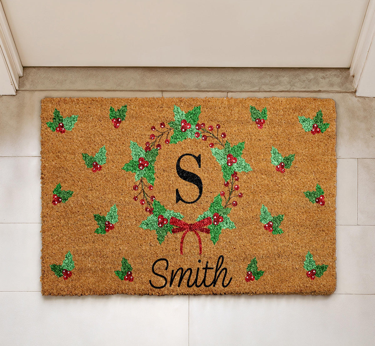 Personalized Christmas Doormat, Custom Initial & Family Name Welcome Mat
