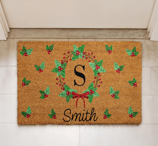 Personalized Christmas Doormat, Custom Initial & Family Name Welcome Mat