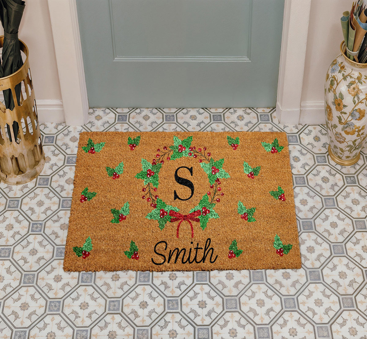 Personalized Christmas Doormat, Custom Initial & Family Name Welcome Mat