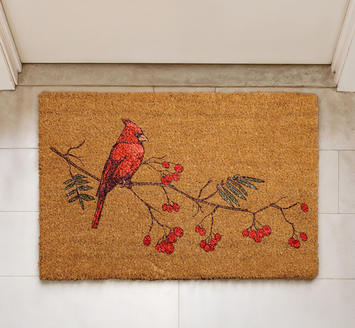 Red Bird & Berries Christmas Doormat, Red Cardinal On A Branch Welcome Mat