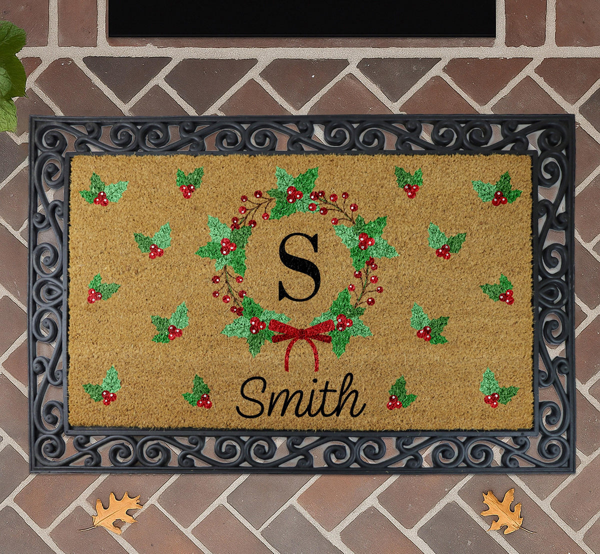 Personalized Christmas Doormat, Custom Initial & Family Name Welcome Mat
