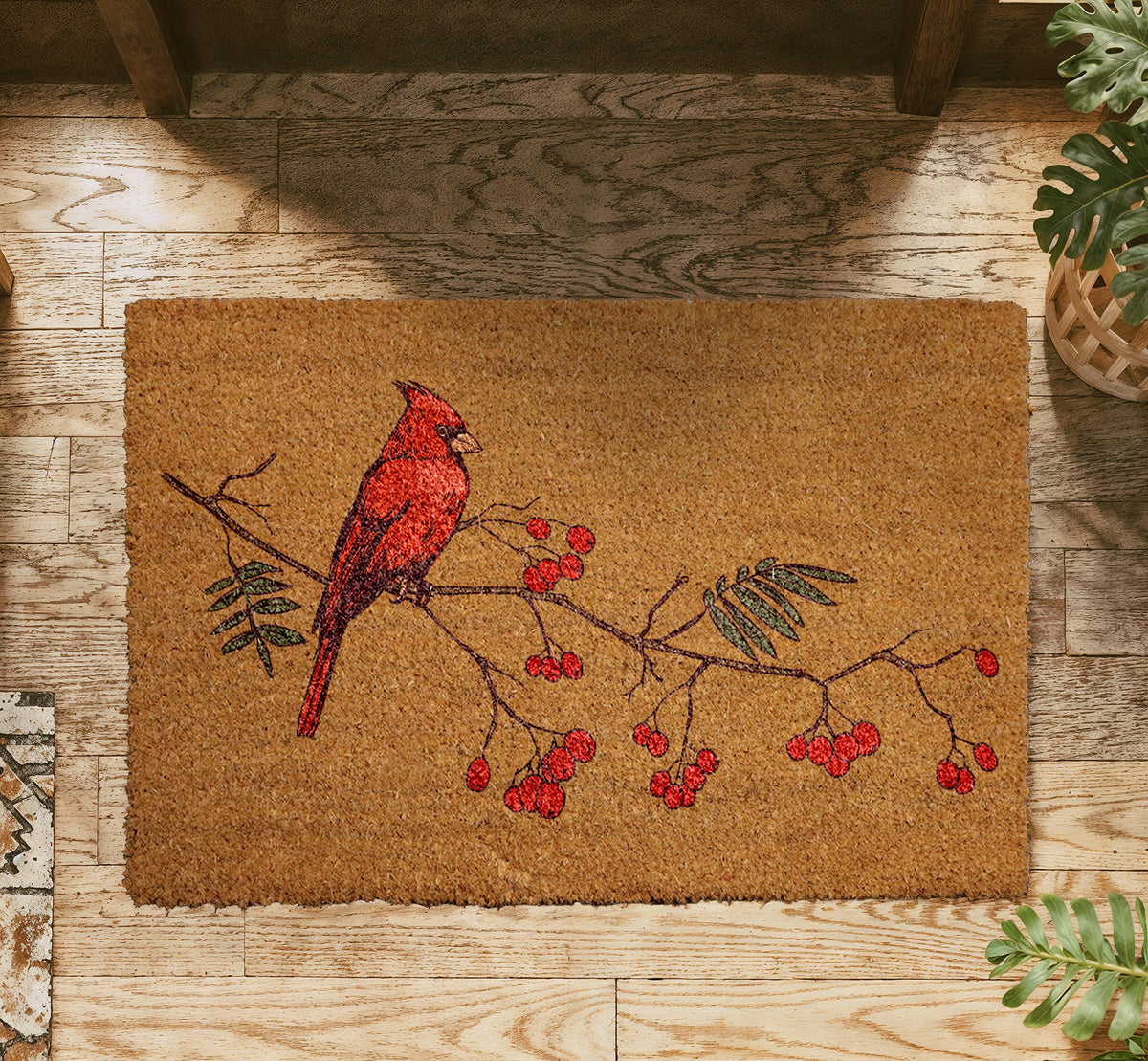 Red Bird & Berries Christmas Doormat, Red Cardinal On A Branch Welcome Mat