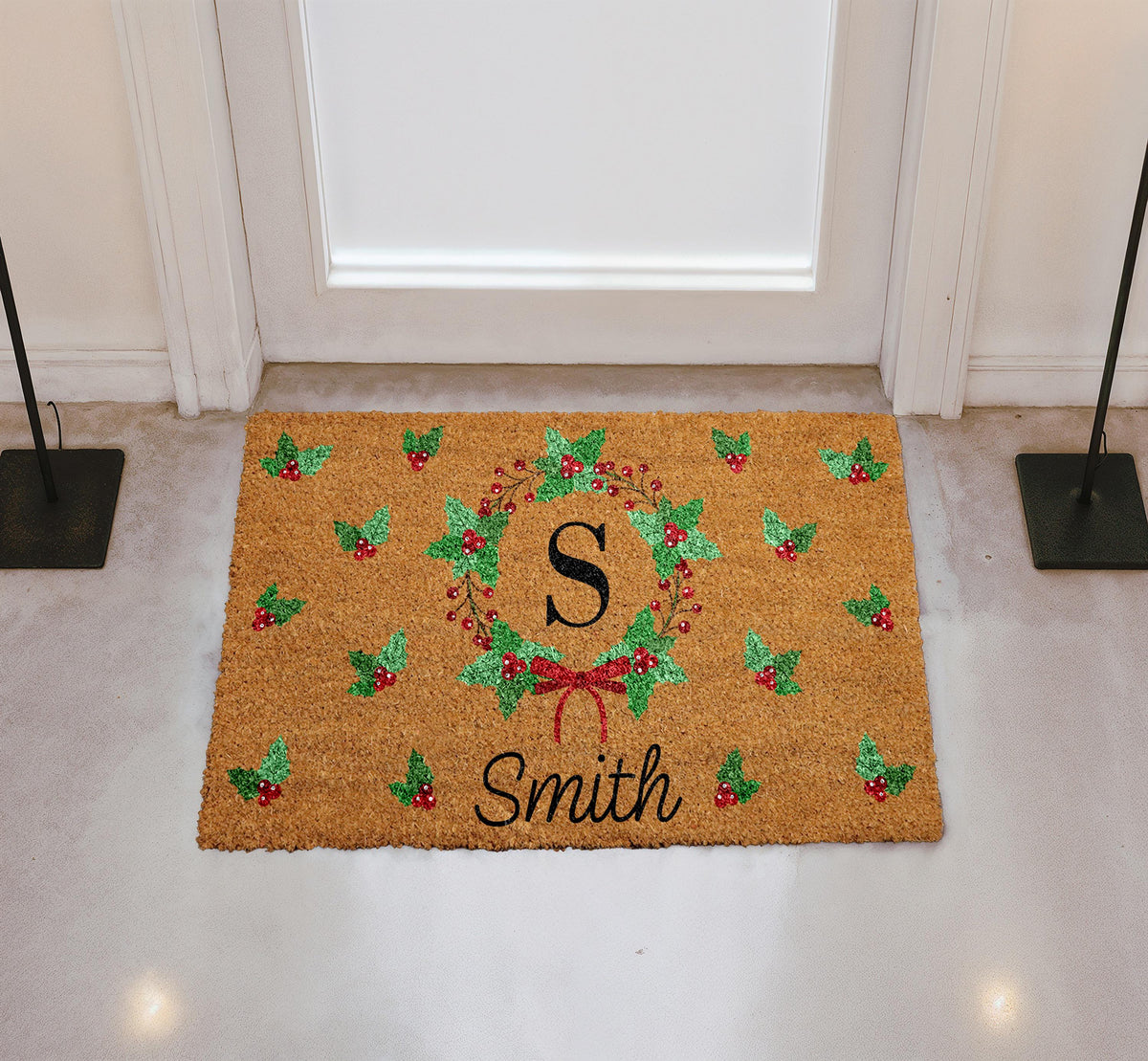 Personalized Christmas Doormat, Custom Initial & Family Name Welcome Mat
