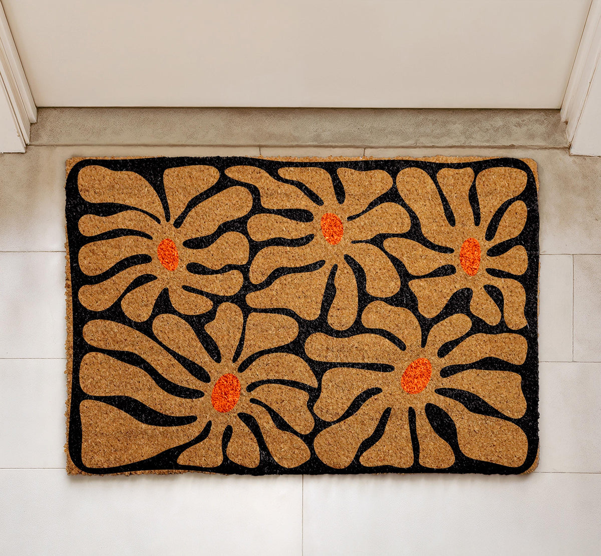 Boho Floral Design Welcome Mat, Retro Abstract Flower Doormat, Mid Century Modern Home Decor