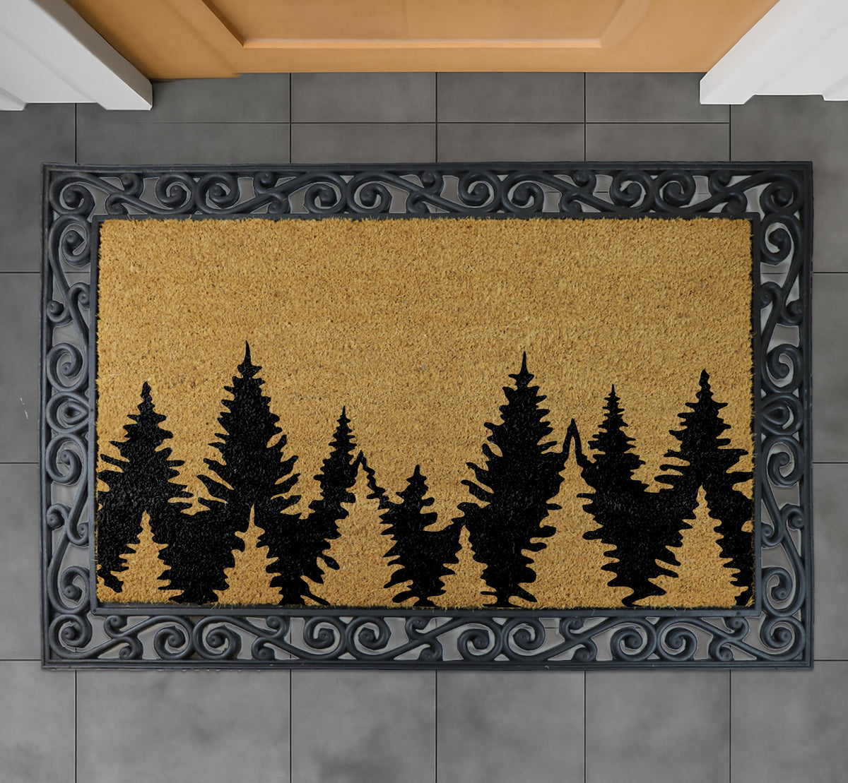 Treeline Doormat, Forest Welcome Mat, Pine Tree Silhouette Coir Mat, Rustic Cabin Decor