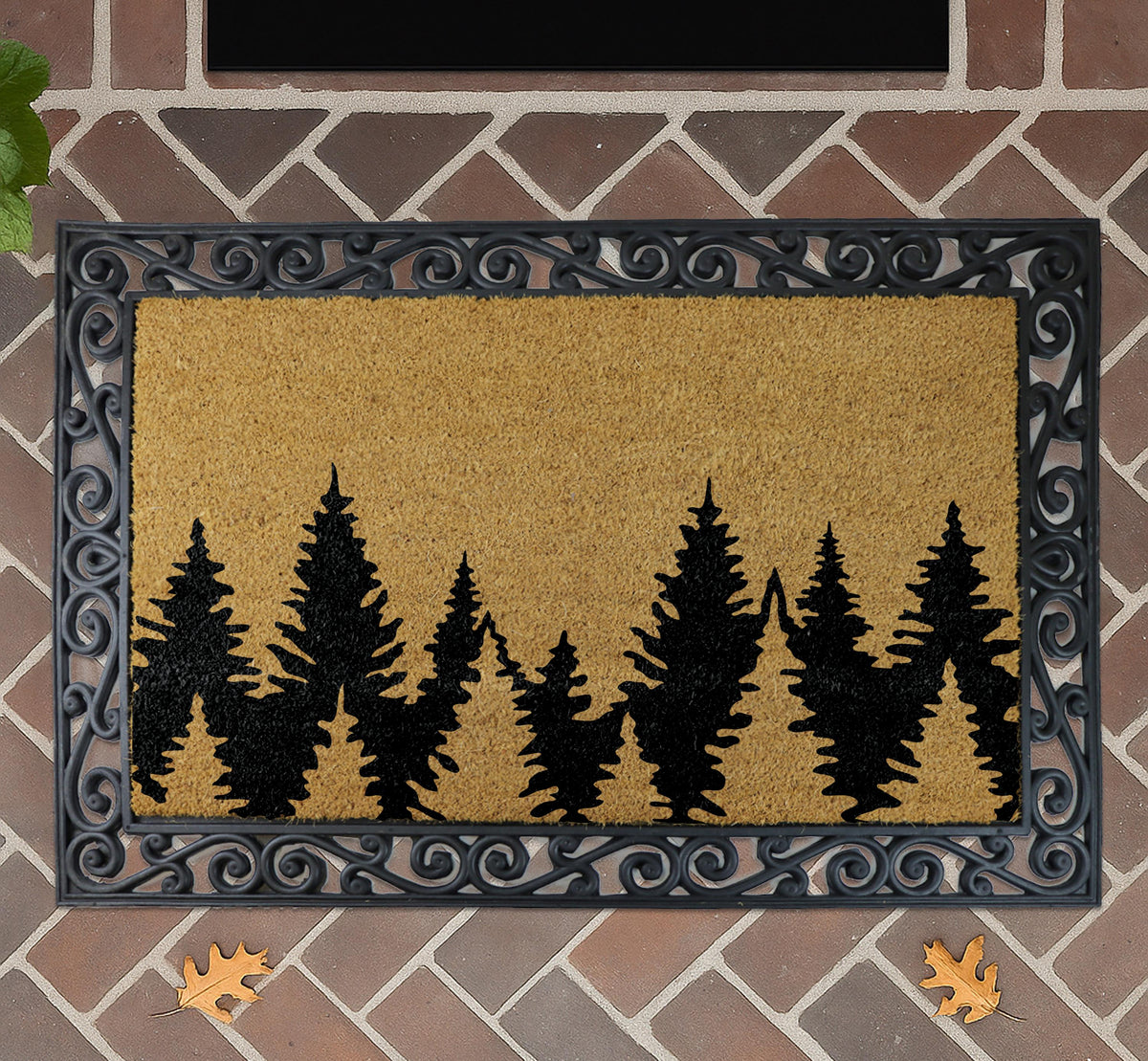 Treeline Doormat, Forest Welcome Mat, Pine Tree Silhouette Coir Mat, Rustic Cabin Decor