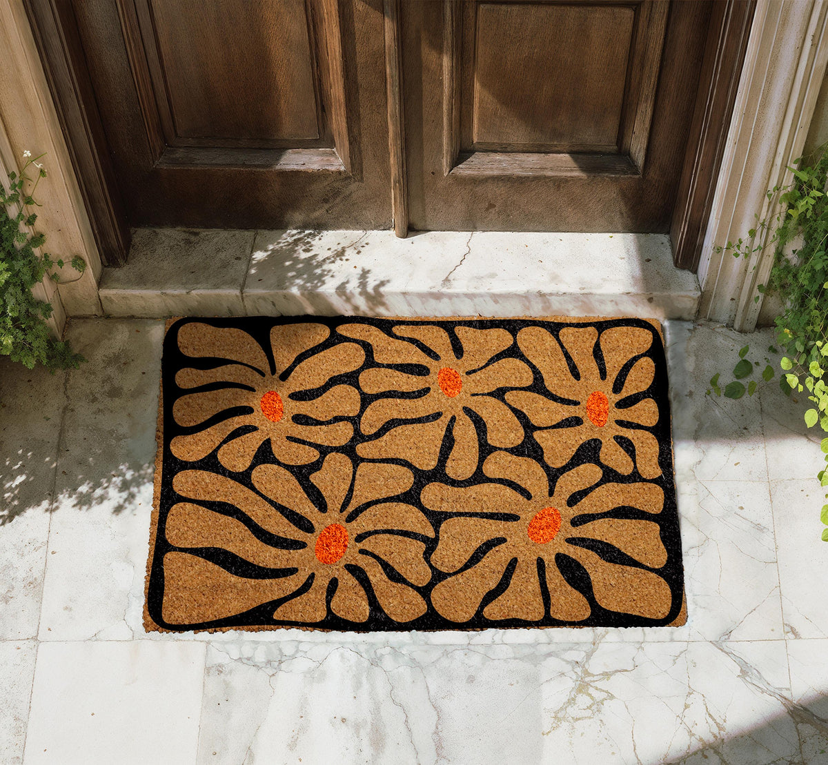 Boho Floral Design Welcome Mat, Retro Abstract Flower Doormat, Mid Century Modern Home Decor