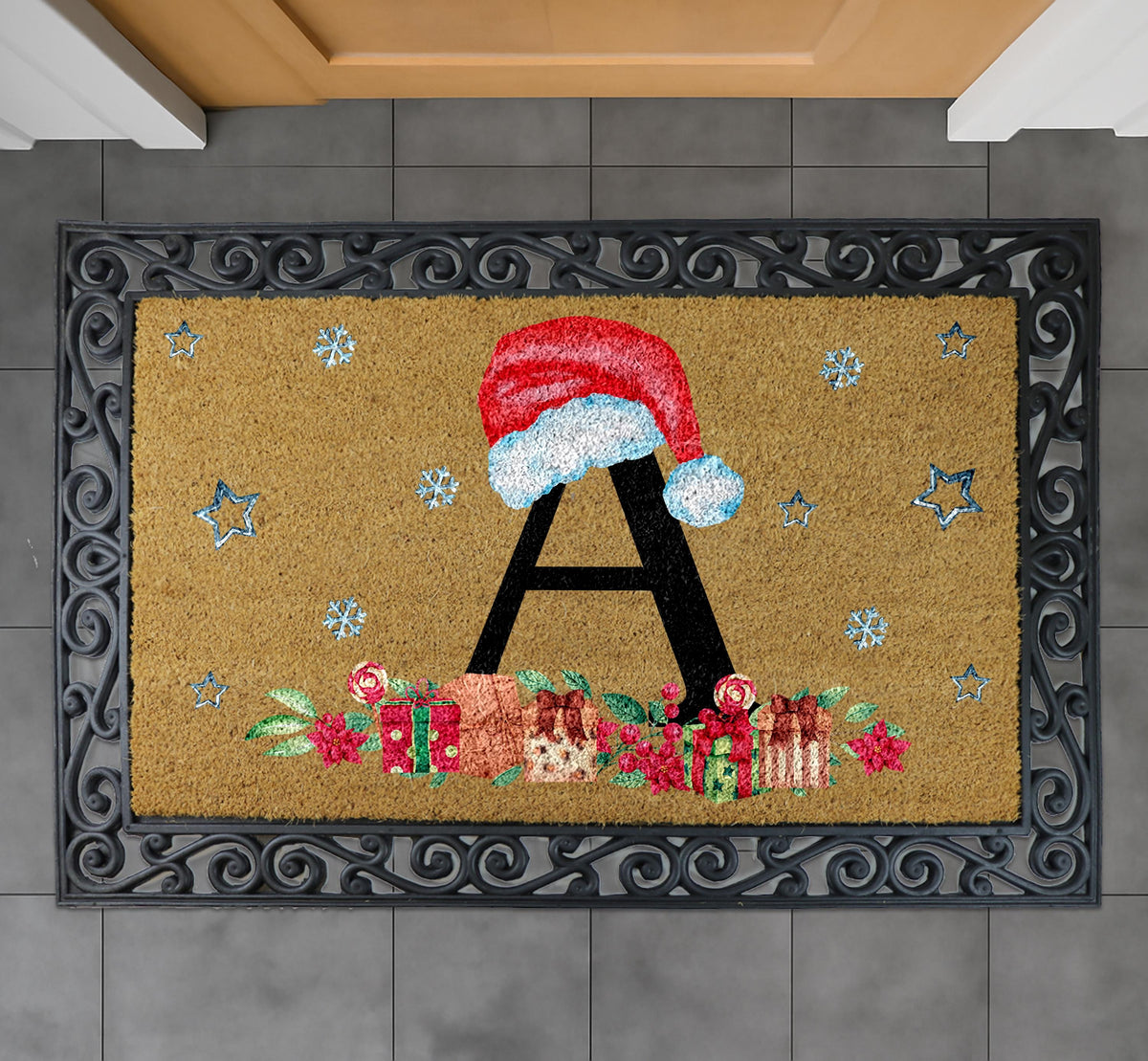 Santa Hat Initial Welcome Mat, Personalized Christmas Monogram Doormat