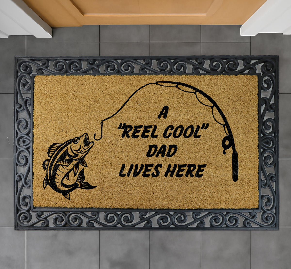 Reel Cool Dad Lives Here Doormat, Custom Funny Fisherman Entrance Decor, Father's Day Gift