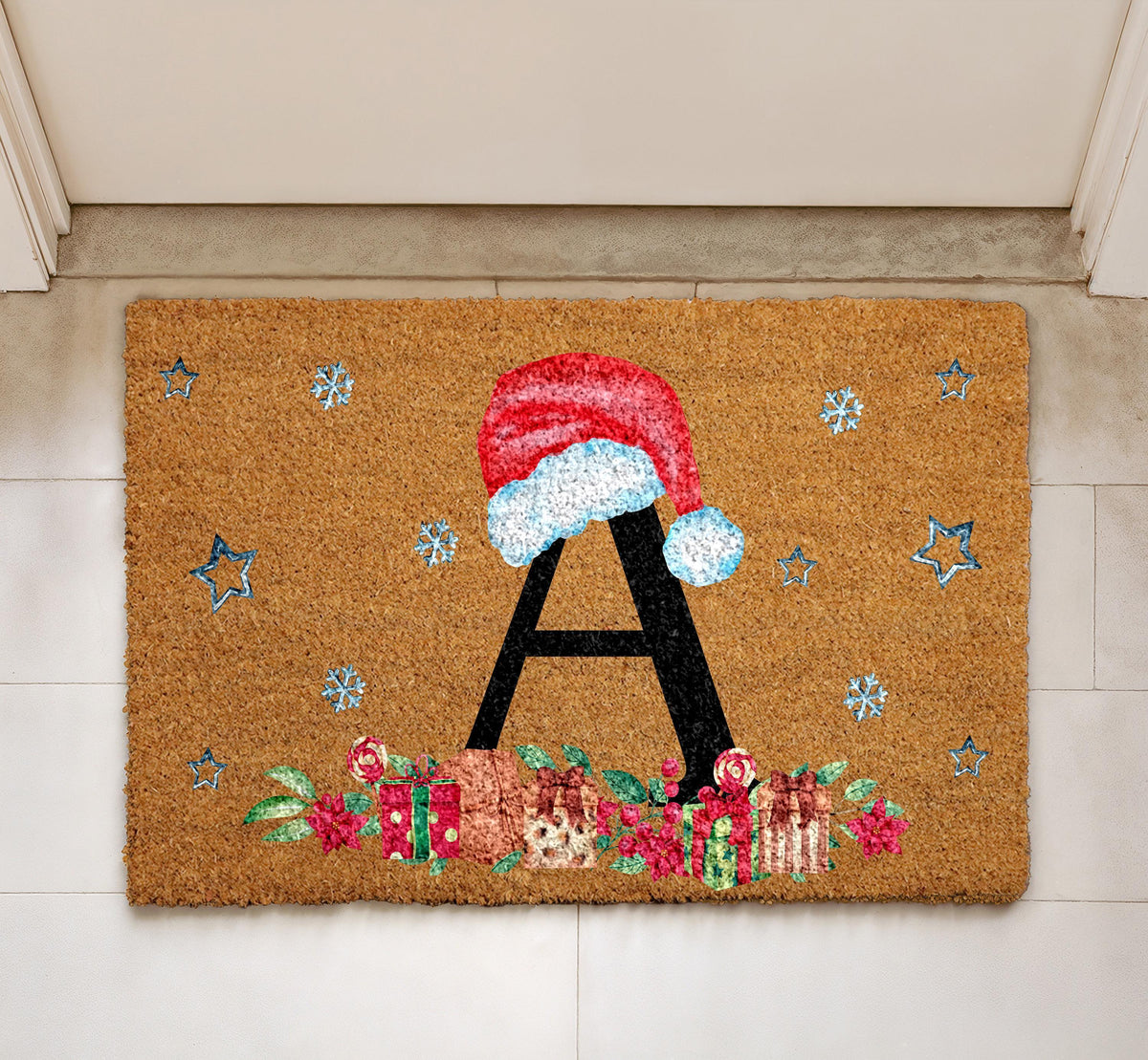 Santa Hat Initial Welcome Mat, Personalized Christmas Monogram Doormat
