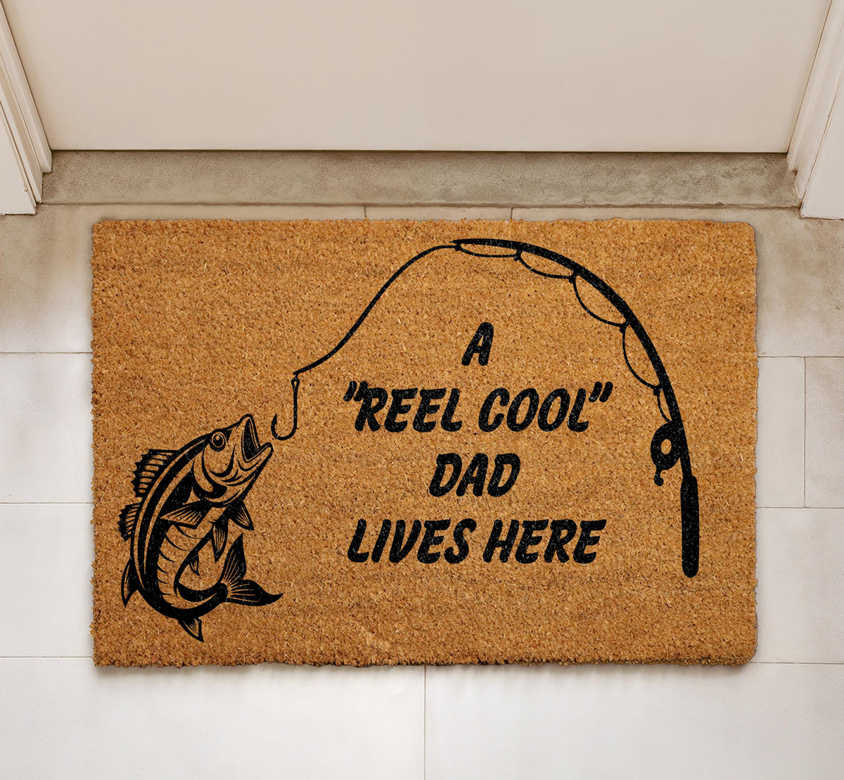 Reel Cool Dad Lives Here Doormat, Custom Funny Fisherman Entrance Decor, Father's Day Gift