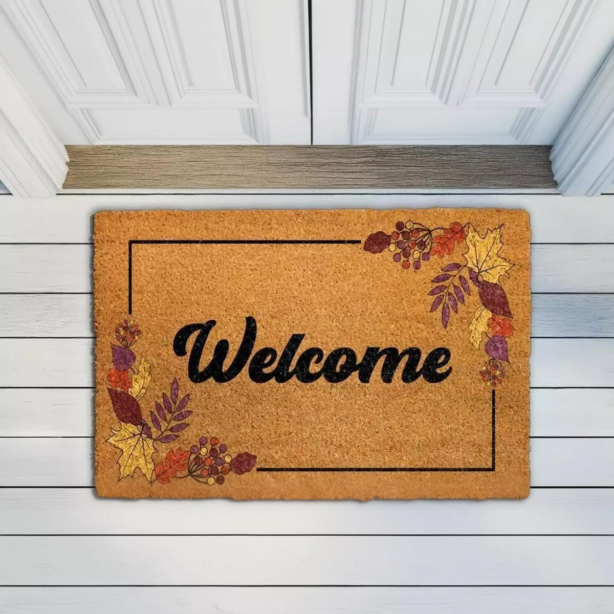 Welcome Doormat: Autumn Leaves Design - Durable Coir with Rubber Backing