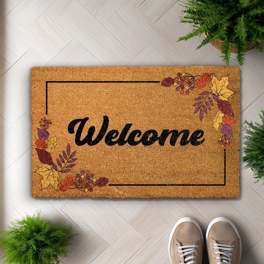 Welcome Doormat: Autumn Leaves Design - Durable Coir with Rubber Backing