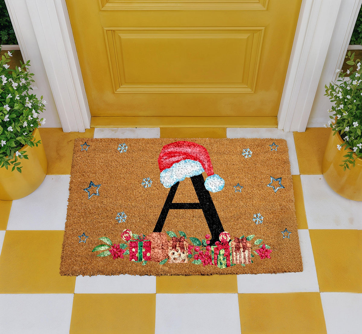 Santa Hat Initial Welcome Mat, Personalized Christmas Monogram Doormat