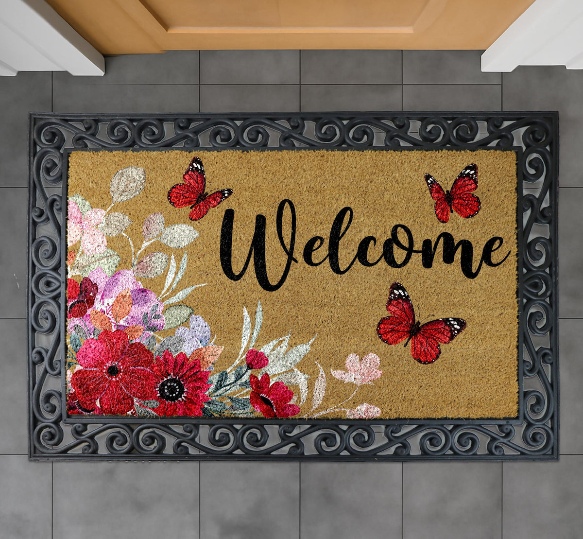 Floral Welcome Mat, Butterfly Entryway Rug, Natural Coir Outdoor Decor