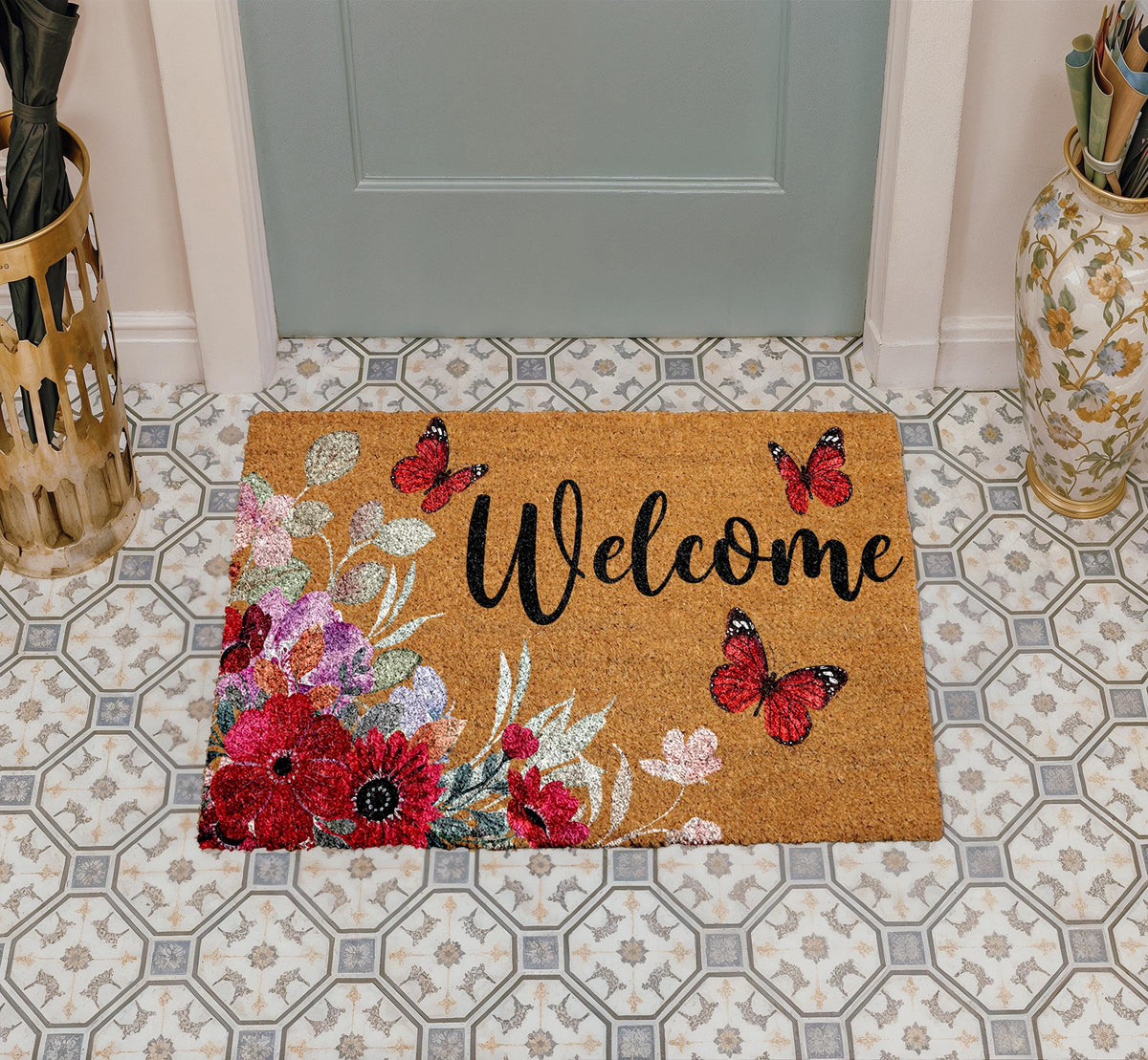 Floral Welcome Mat, Butterfly Entryway Rug, Natural Coir Outdoor Decor