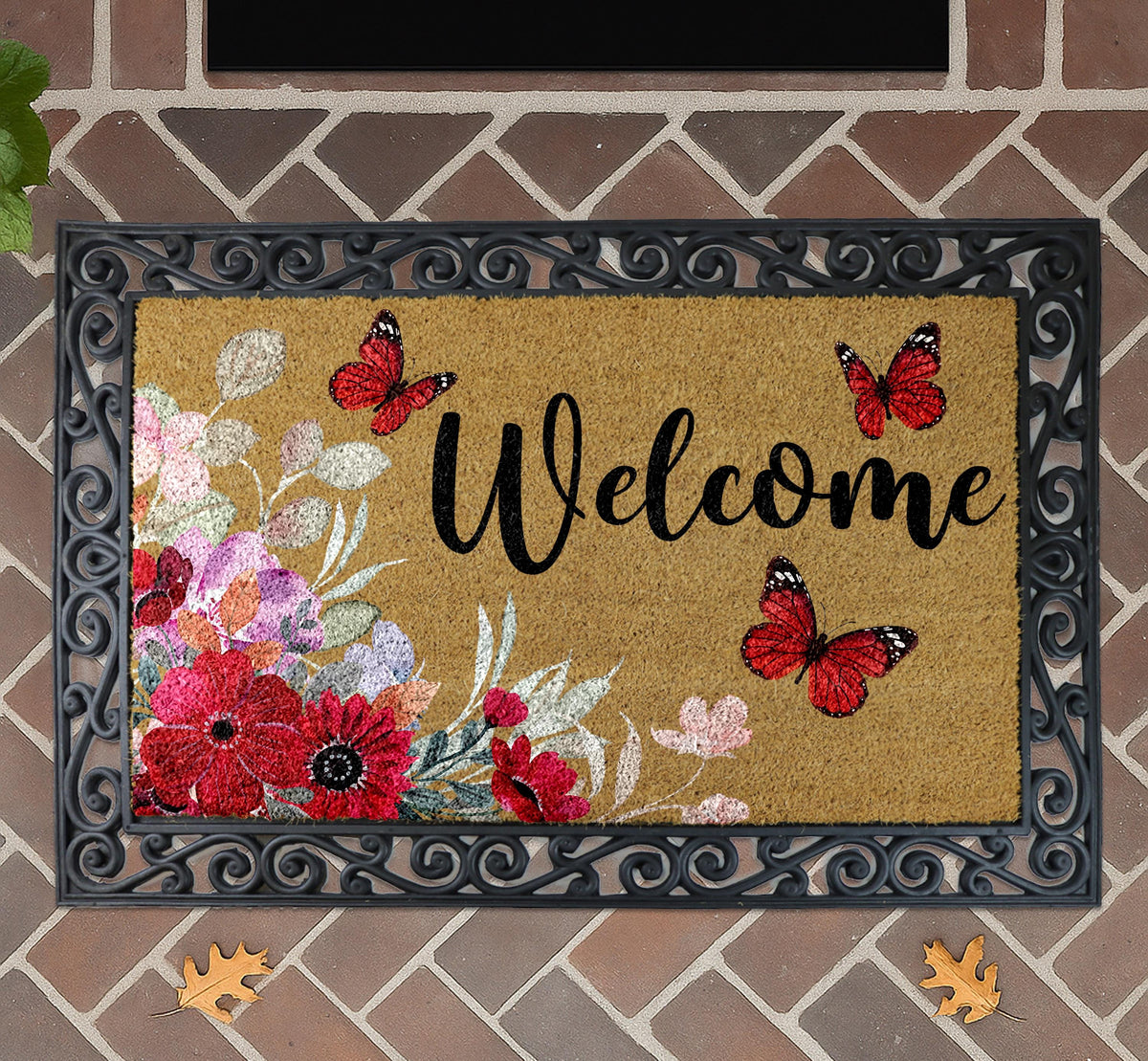 Floral Welcome Mat, Butterfly Entryway Rug, Natural Coir Outdoor Decor