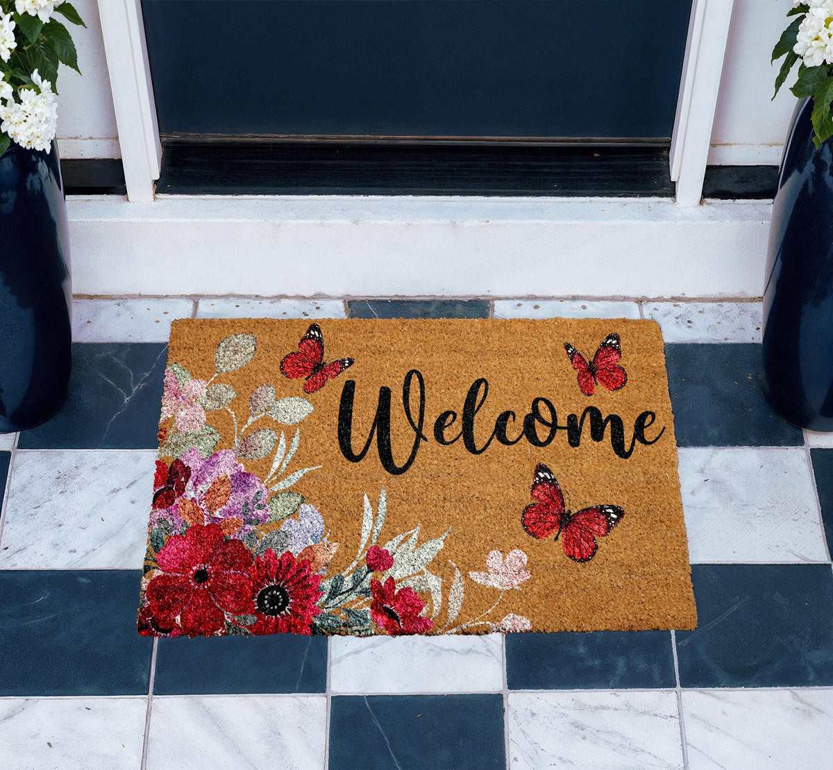 Floral Welcome Mat, Butterfly Entryway Rug, Natural Coir Outdoor Decor
