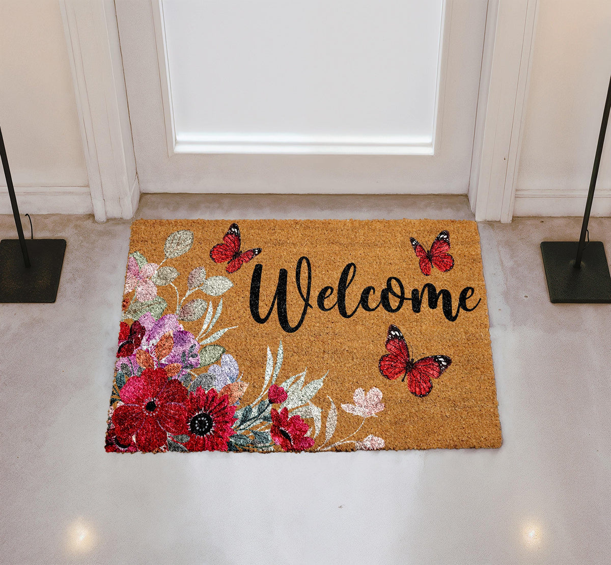 Floral Welcome Mat, Butterfly Entryway Rug, Natural Coir Outdoor Decor