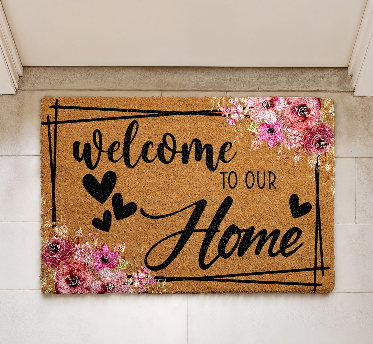 Welcome to Our Home Doormat, Pink Rose Floral Welcome Mat, Heart Home Entrance Decor