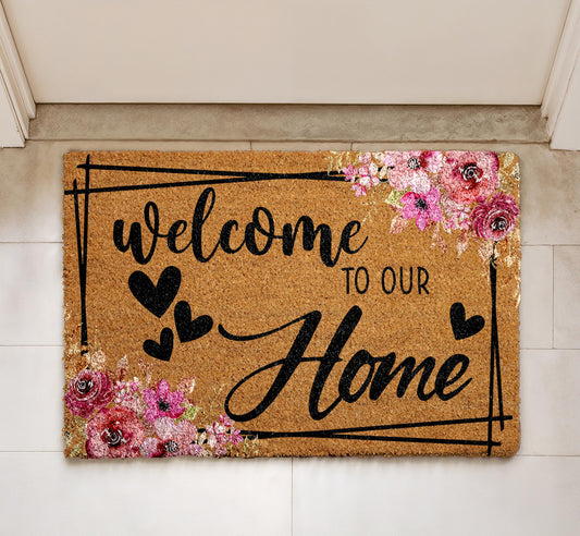 Welcome to Our Home Doormat, Pink Rose Floral Welcome Mat, Heart Home Entrance Decor