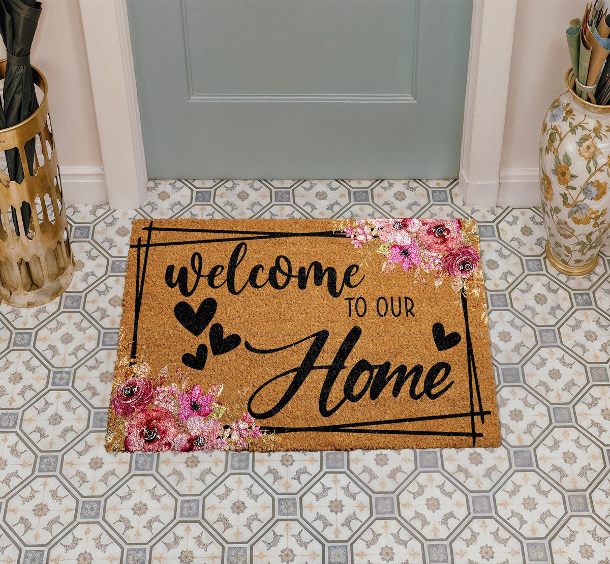Welcome to Our Home Doormat, Pink Rose Floral Welcome Mat, Heart Home Entrance Decor