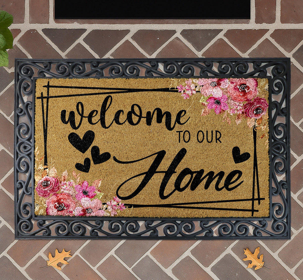 Welcome to Our Home Doormat, Pink Rose Floral Welcome Mat, Heart Home Entrance Decor