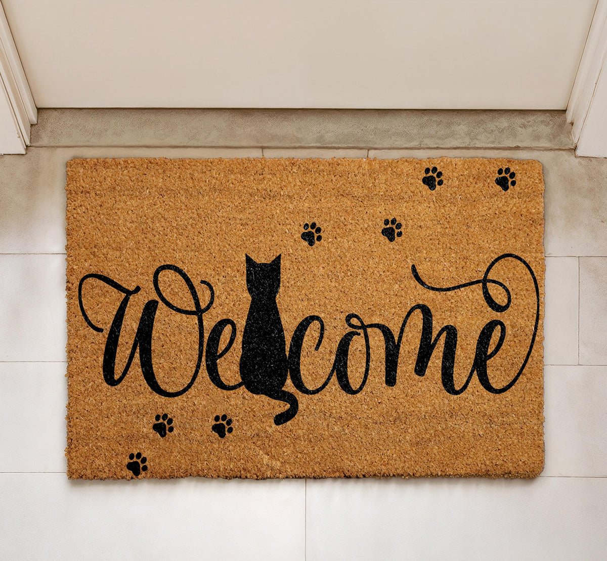 Cat Welcome Doormat, Black Cat Lover Coco Door Mat, Cute Kitten Paw Print Coir Mat
