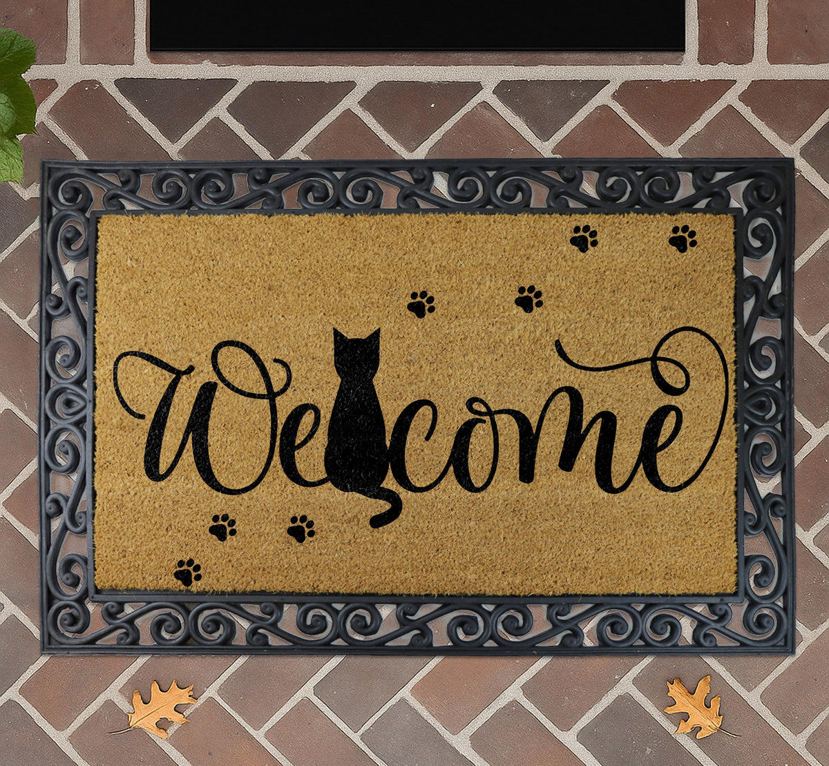 Cat Welcome Doormat, Black Cat Lover Coco Door Mat, Cute Kitten Paw Print Coir Mat