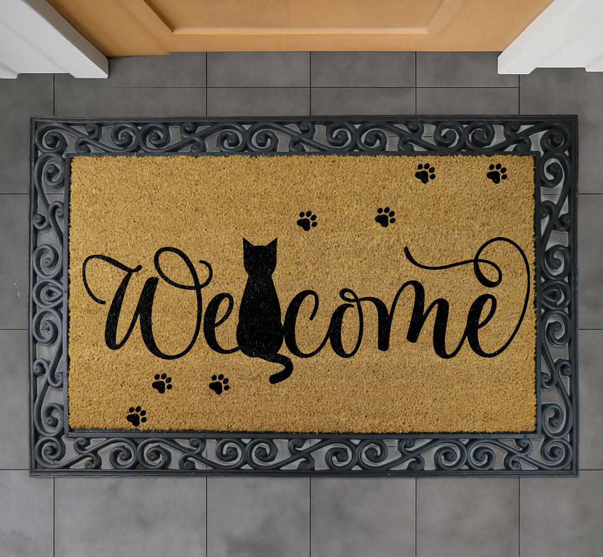 Cat Welcome Doormat, Black Cat Lover Coco Door Mat, Cute Kitten Paw Print Coir Mat
