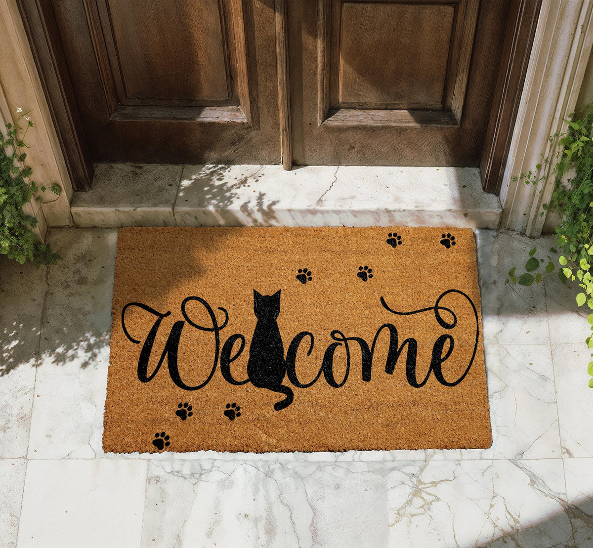 Cat Welcome Doormat, Black Cat Lover Coco Door Mat, Cute Kitten Paw Print Coir Mat