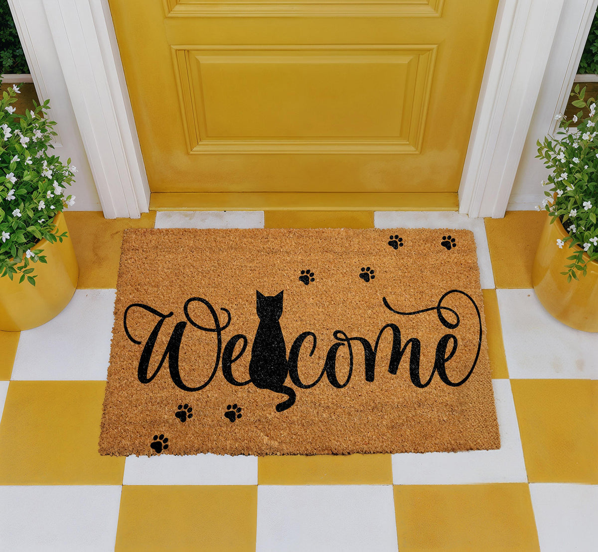 Cat Welcome Doormat, Black Cat Lover Coco Door Mat, Cute Kitten Paw Print Coir Mat
