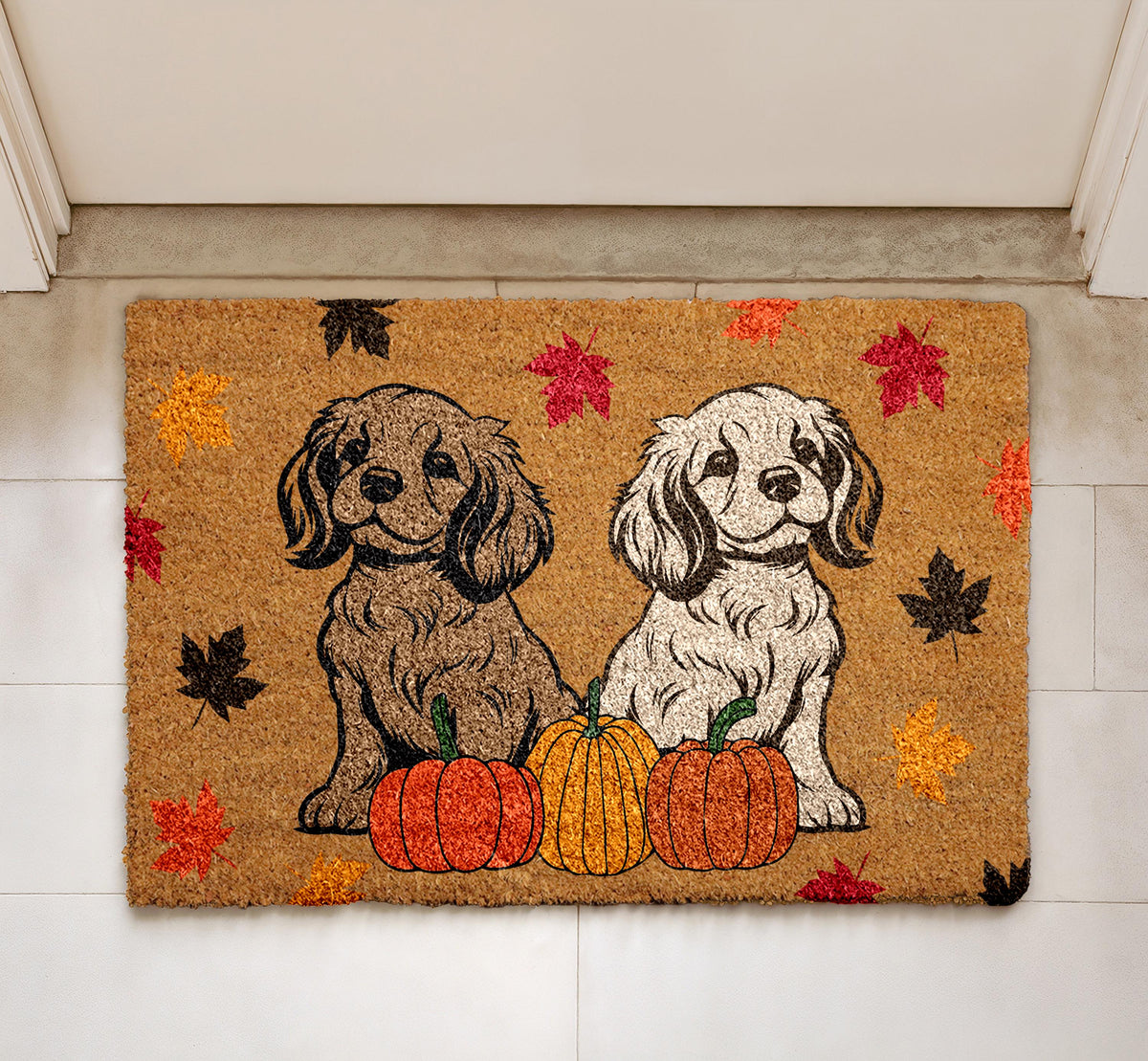 Cute Dogs & Pumpkin Fall Doormat, Autumn Dog Lovers Welcome Mat