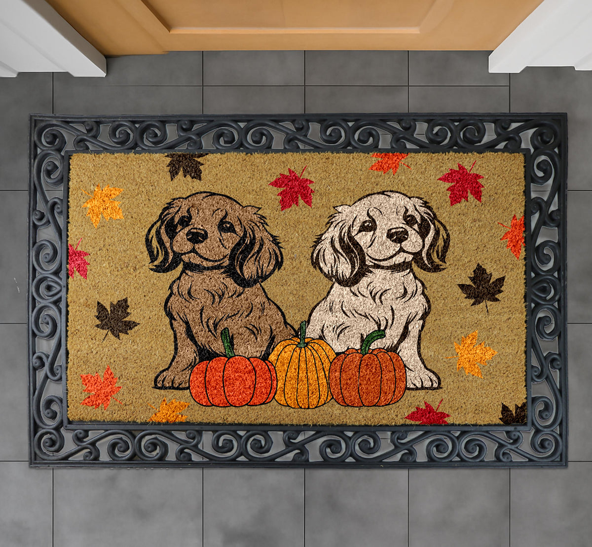 Cute Dogs & Pumpkin Fall Doormat, Autumn Dog Lovers Welcome Mat