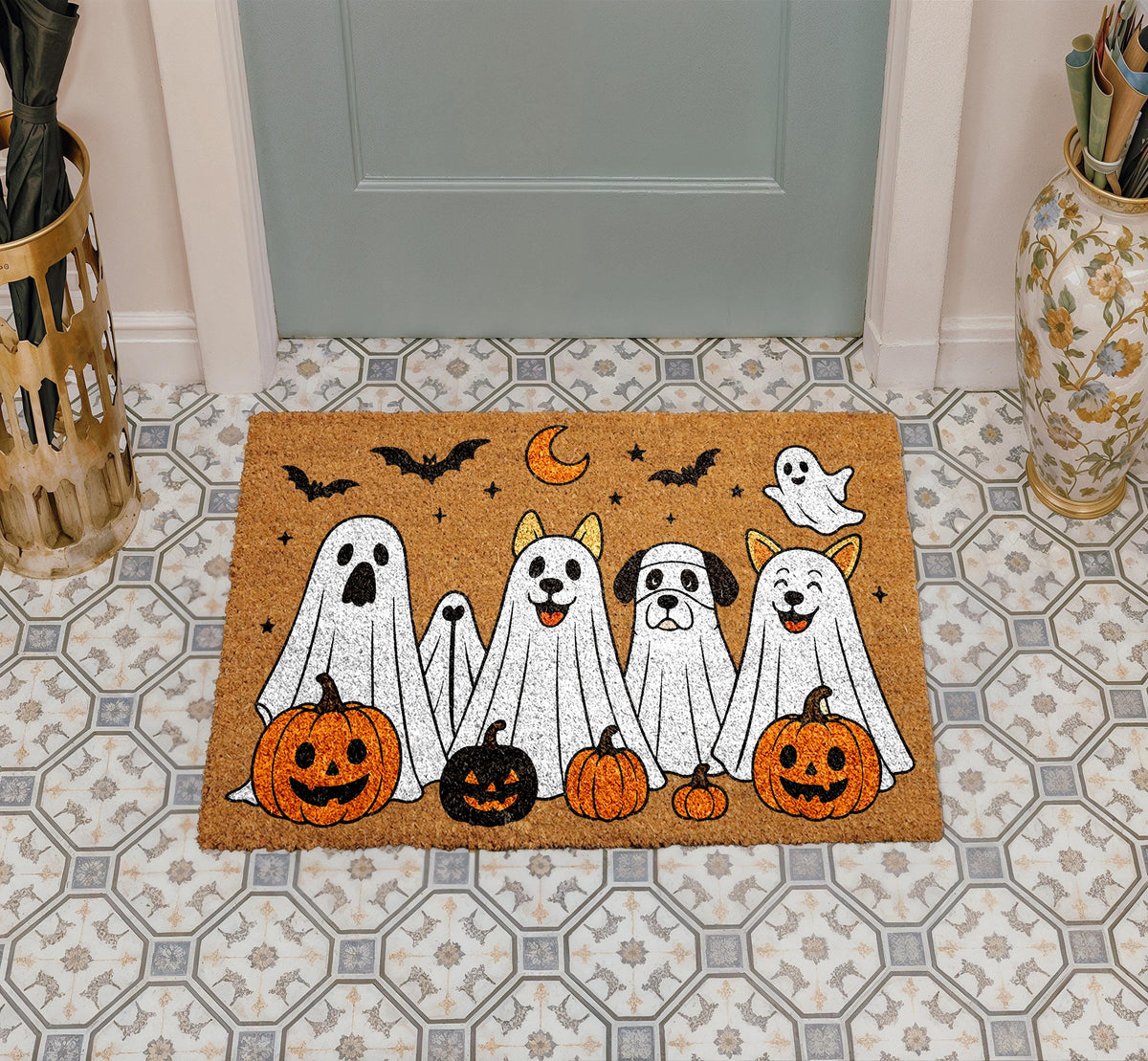 Spooky Dogs Doormat, Cute Pumpkins Halloween Gift, Ghost Dog Fall Decor, Creepy Bat Porch Rug