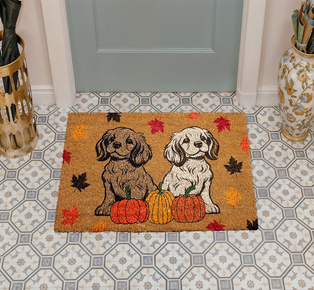 Cute Dogs & Pumpkin Fall Doormat, Autumn Dog Lovers Welcome Mat