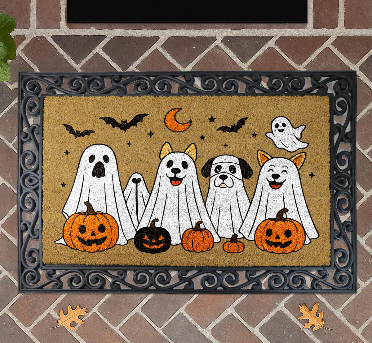 Spooky Dogs Doormat, Cute Pumpkins Halloween Gift, Ghost Dog Fall Decor, Creepy Bat Porch Rug