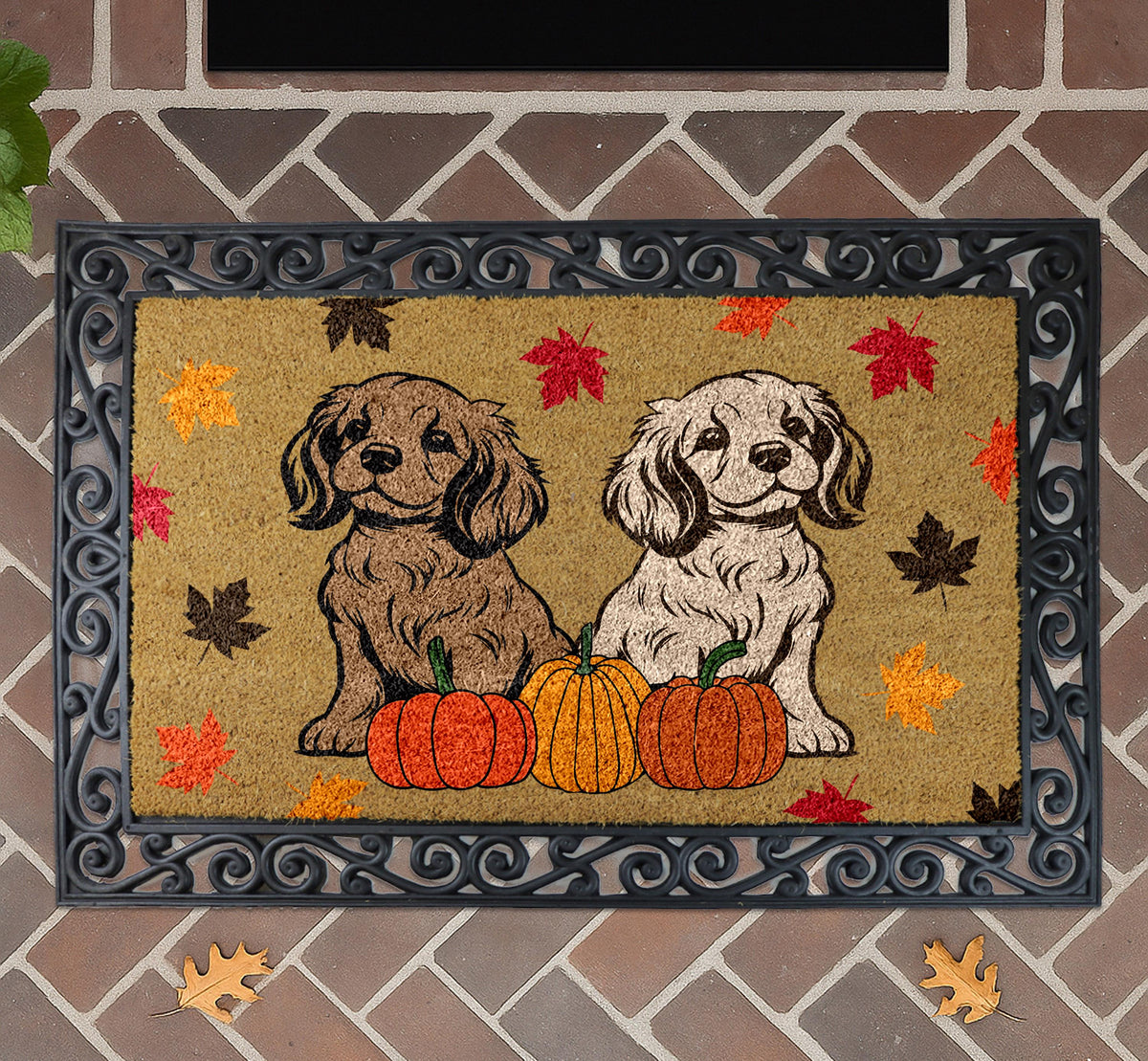 Cute Dogs & Pumpkin Fall Doormat, Autumn Dog Lovers Welcome Mat